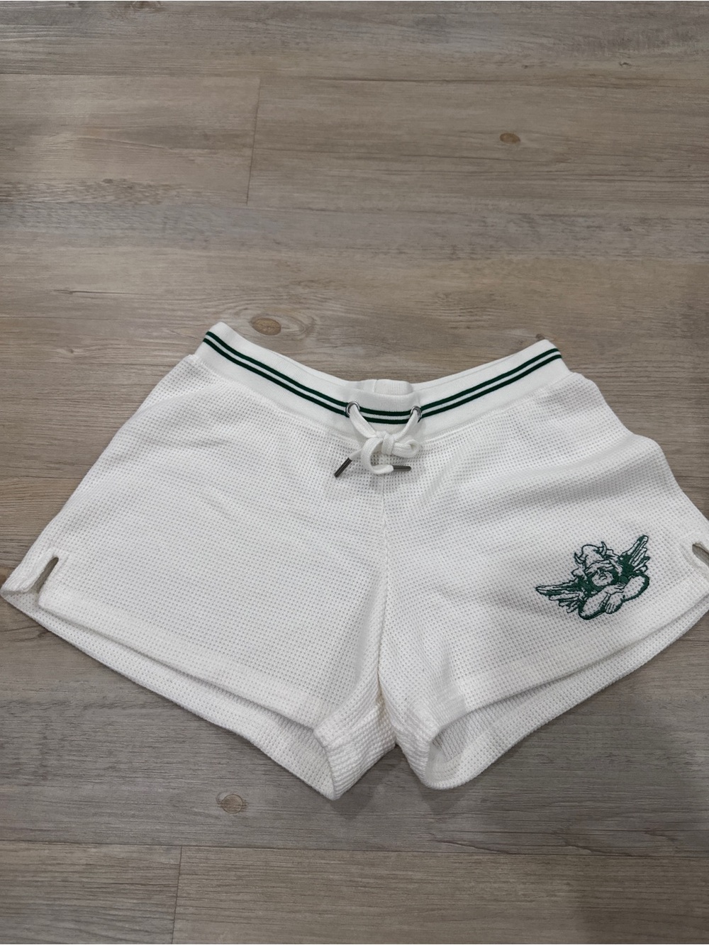 Boys Lie White Athletic Knit Shorts with Green Stripe Waistband